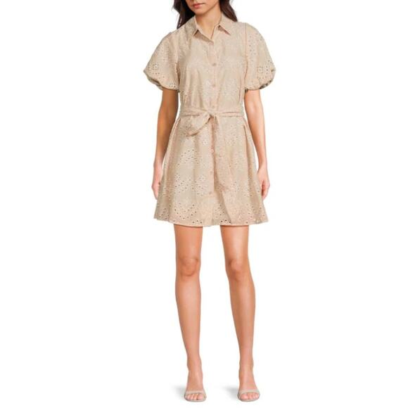 Sam Edelman Dresses & Skirts - Sam Edelman Eyelet Shirt Dress Beige Puff Sleeve Belted Mini Dress Size 2